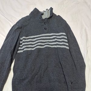 American Eagle, Button Up Sweater, Grey with Cream Stripes, Size Medium